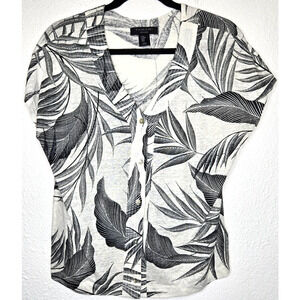 Tahari Women Top Medium Black White Linen Button Up Palm Leaf Print Lightweight